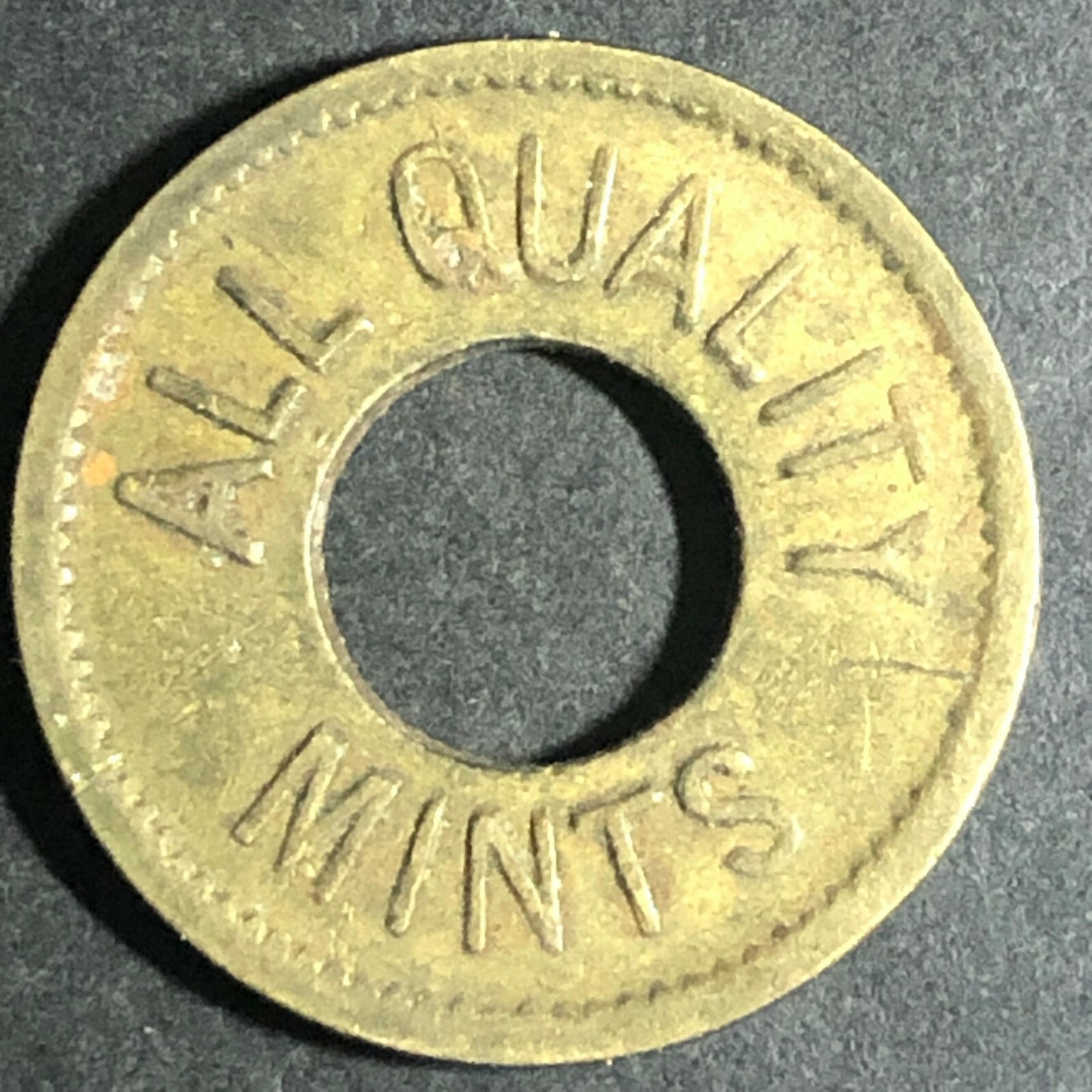 Vintage 21mm Brass "All Quality Mints" G/F a 5c Package" Donut Token