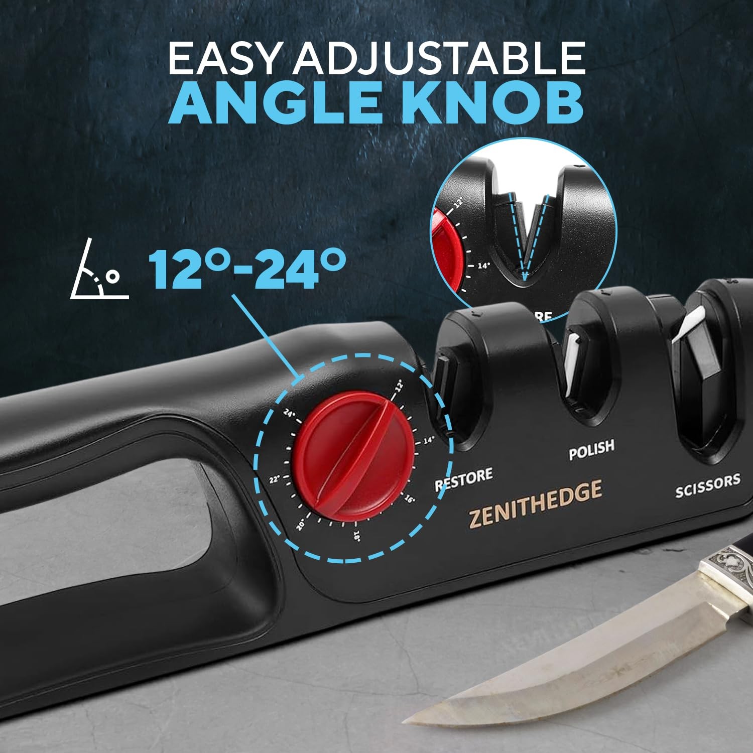 ZenithEdge 3-in-1 Adjustable Knife Sharpener 14-24 Angles for Kitchen, Fillet...