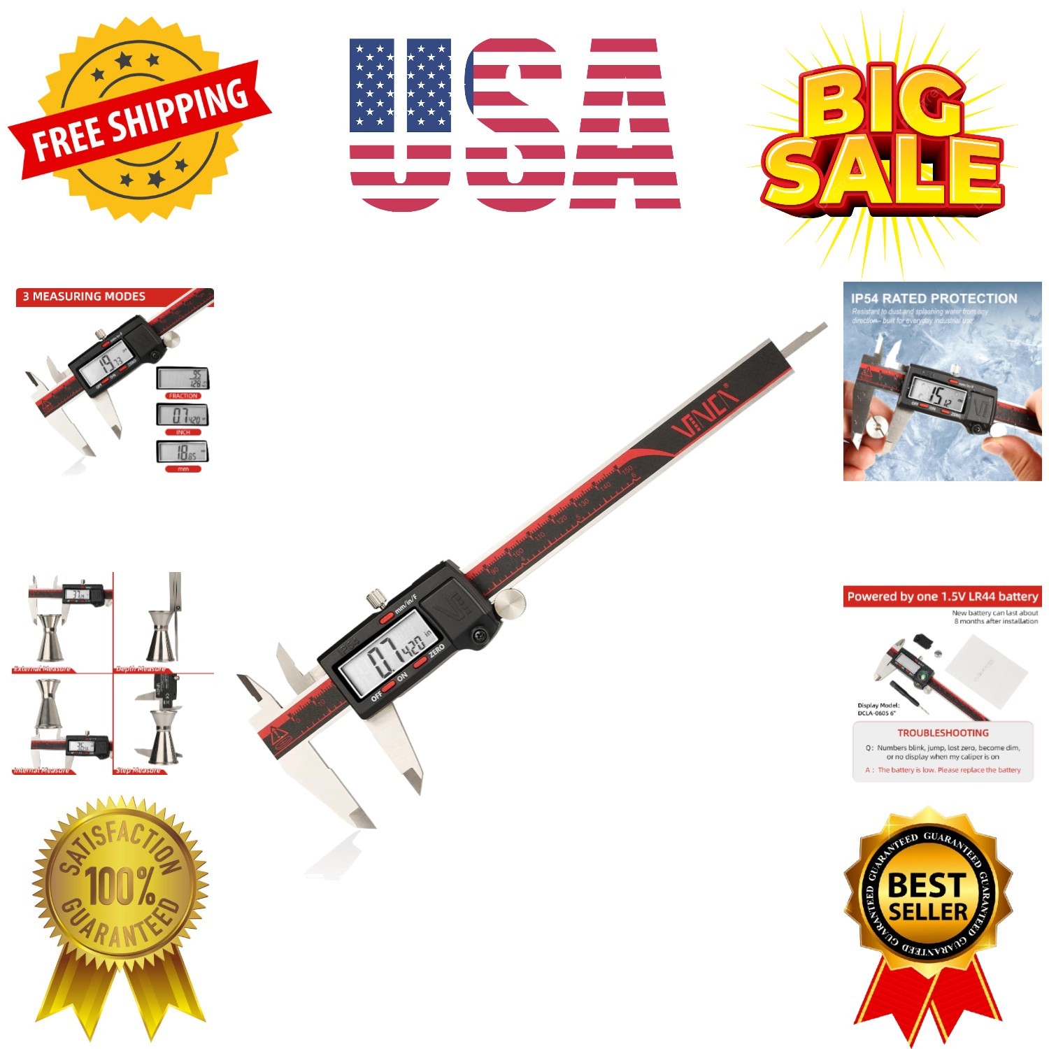 Grade Digital Caliper, /150mm, Inch/Millimeter/Fraction Conversion, Stainless...