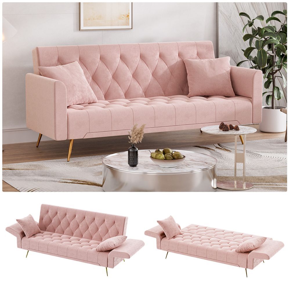 Modern 71" Velvet Convertible Futon Sofa Bed with Adjustable Folding Armrests