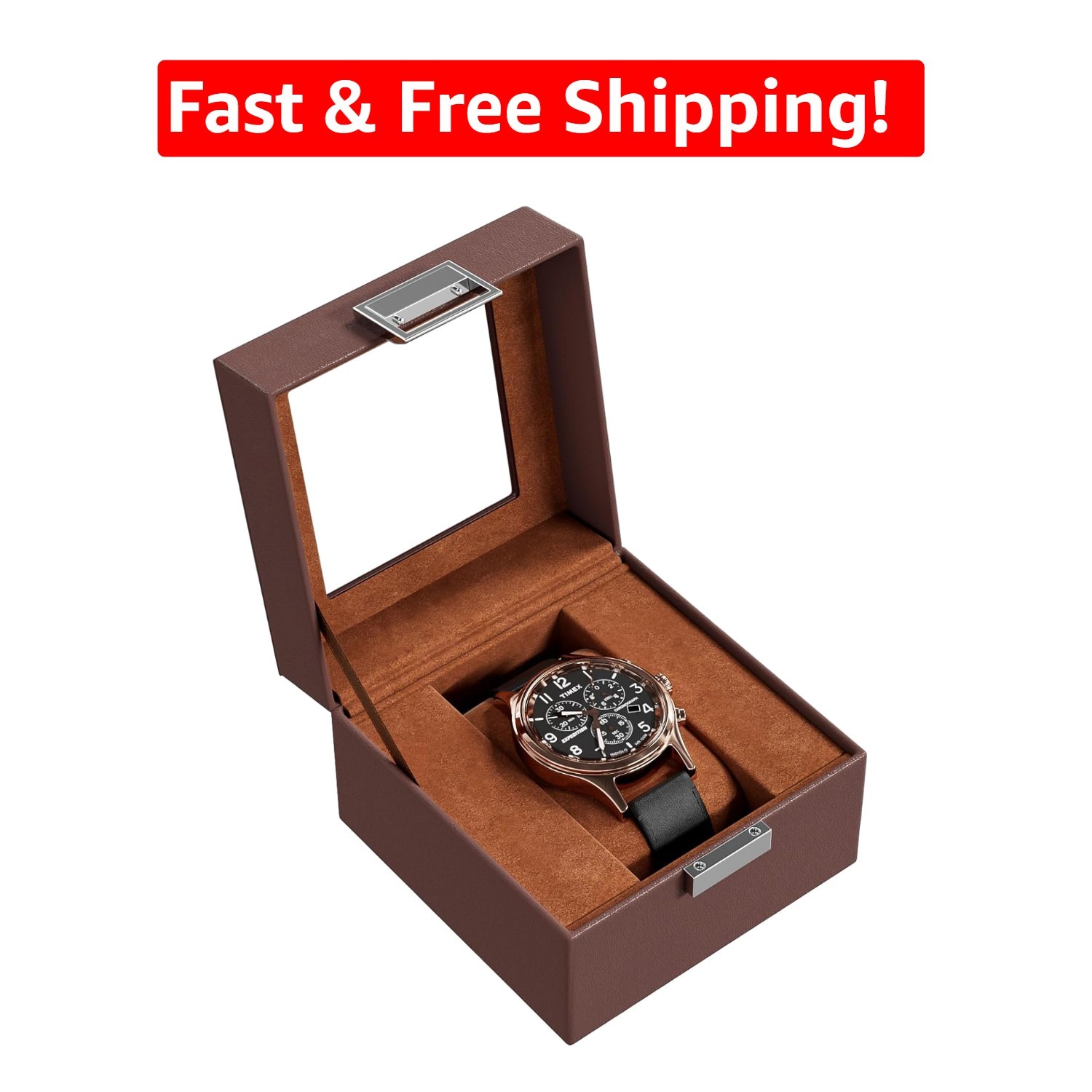 Compact 1-Slot Watch Display Case - Faux Leather, Glass Lid, Perfect for Gifting