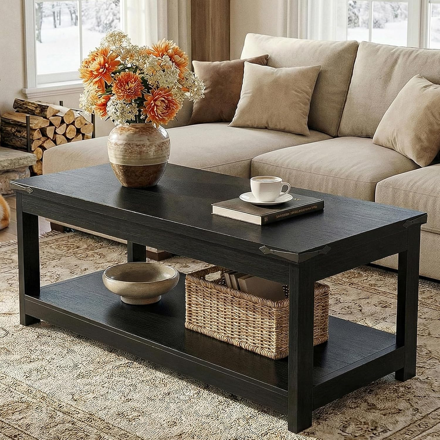 43.3” Farmhouse Coffee Table with Storage Shelf, Black | Rectangular Wood Center