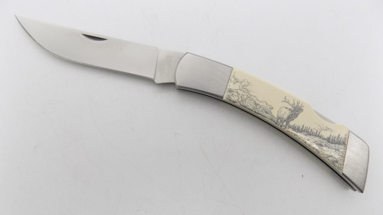 Gerber Scrimshaw New G109318 Elk Folding Knife Silver Bolsters With Camo Sheath