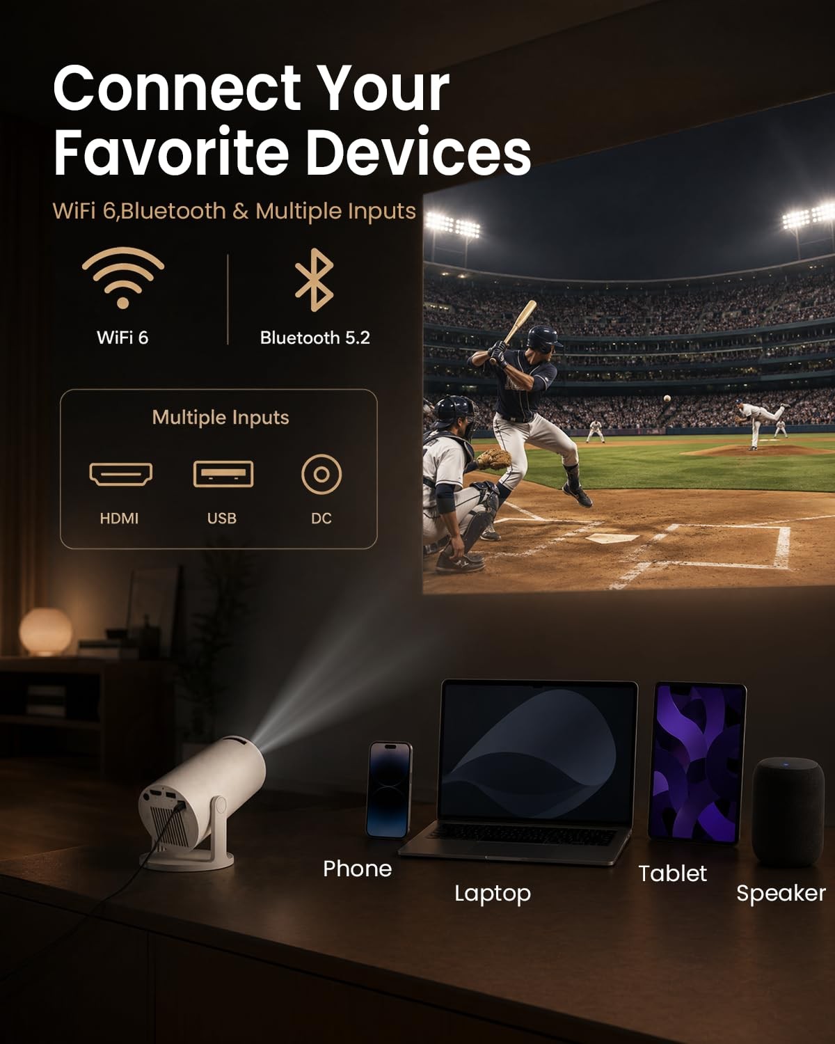 Mini Smart Projector with Builtin Apps, WiFi 6 & Bluetooth 5.4, 1080P Support...