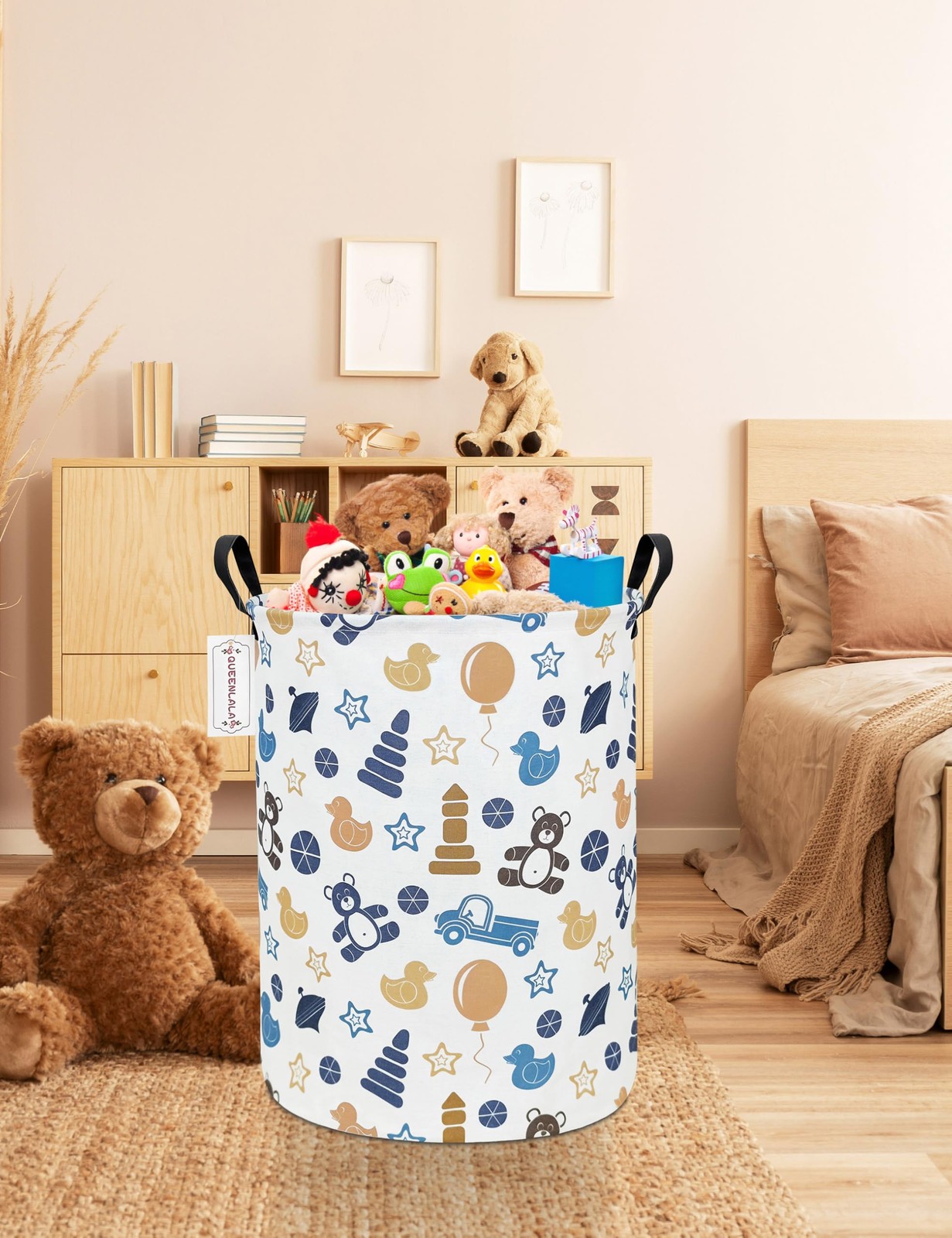 Large Round Collapsible Storage Basket Laundry Hamper Colorful Bear Decor