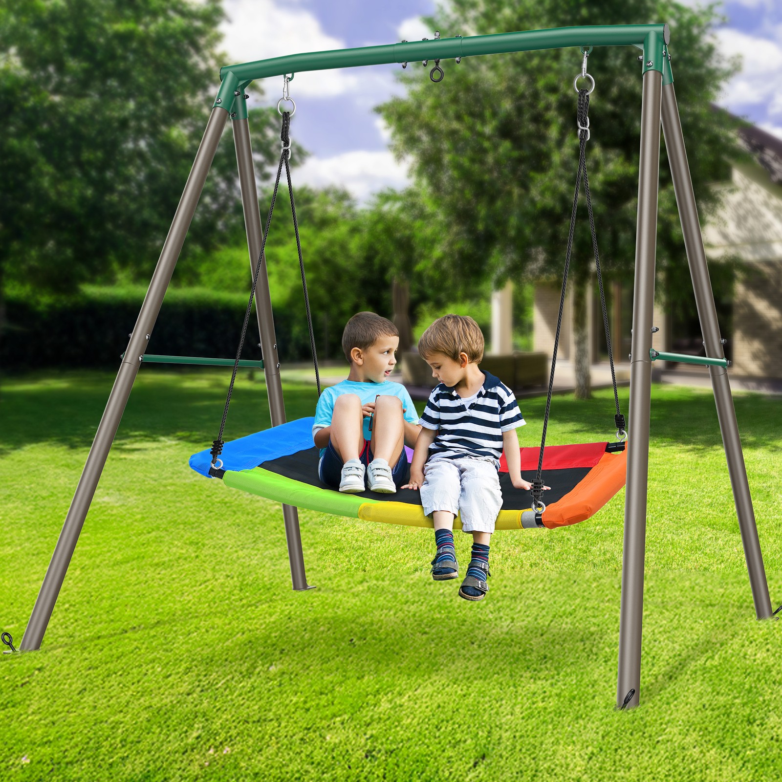 Trekassy Heavy Duty A-Frame Metal Swing Set for Backyard with 60" Rainbow Swing