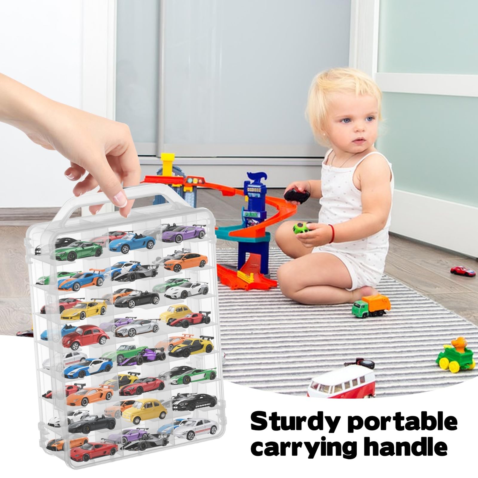 92 Slot Double Sided Toy Car Storage Case W/ Handle For Matchbox Hot Wheels 2PC