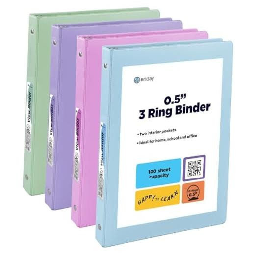 3 Ring Binder 1/2 inch - 0.5 Inch 3 Ring Binder, Round Ring Pastel .5-Inch
