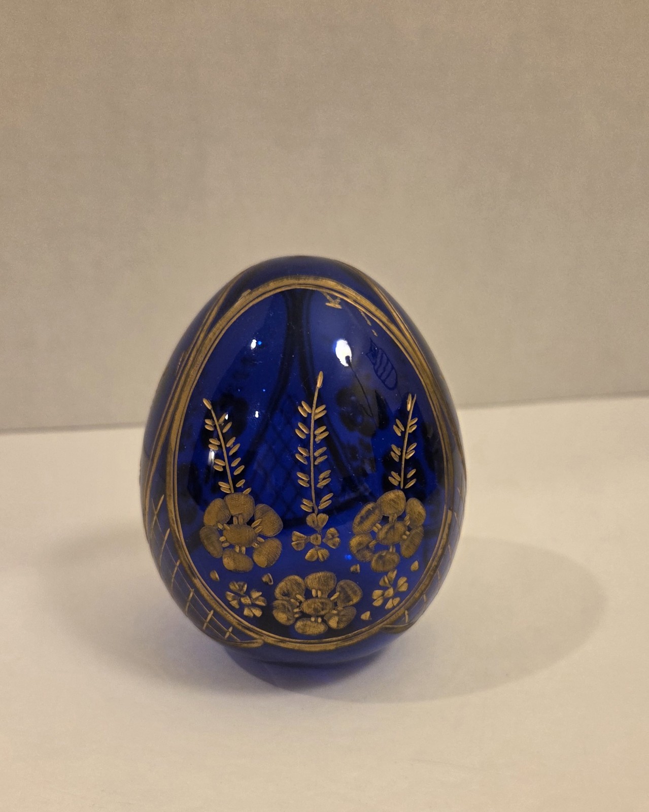 VTG Cobalt Blue Glass Egg with Raised Gold Gilt Floral Decoration Russian Style