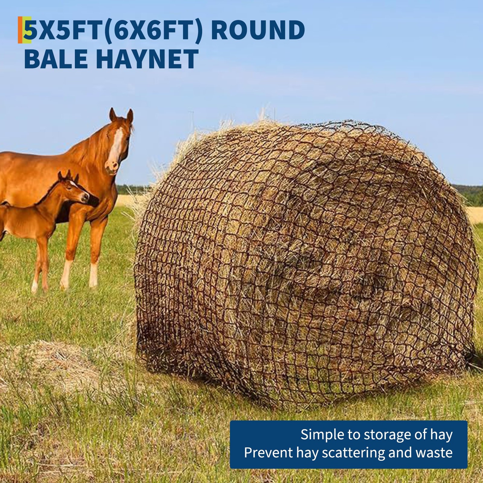GRAVEE Round Bale Hay Net 5x5 Ft Knotless Nylon Slow Feeder Horses Livestock