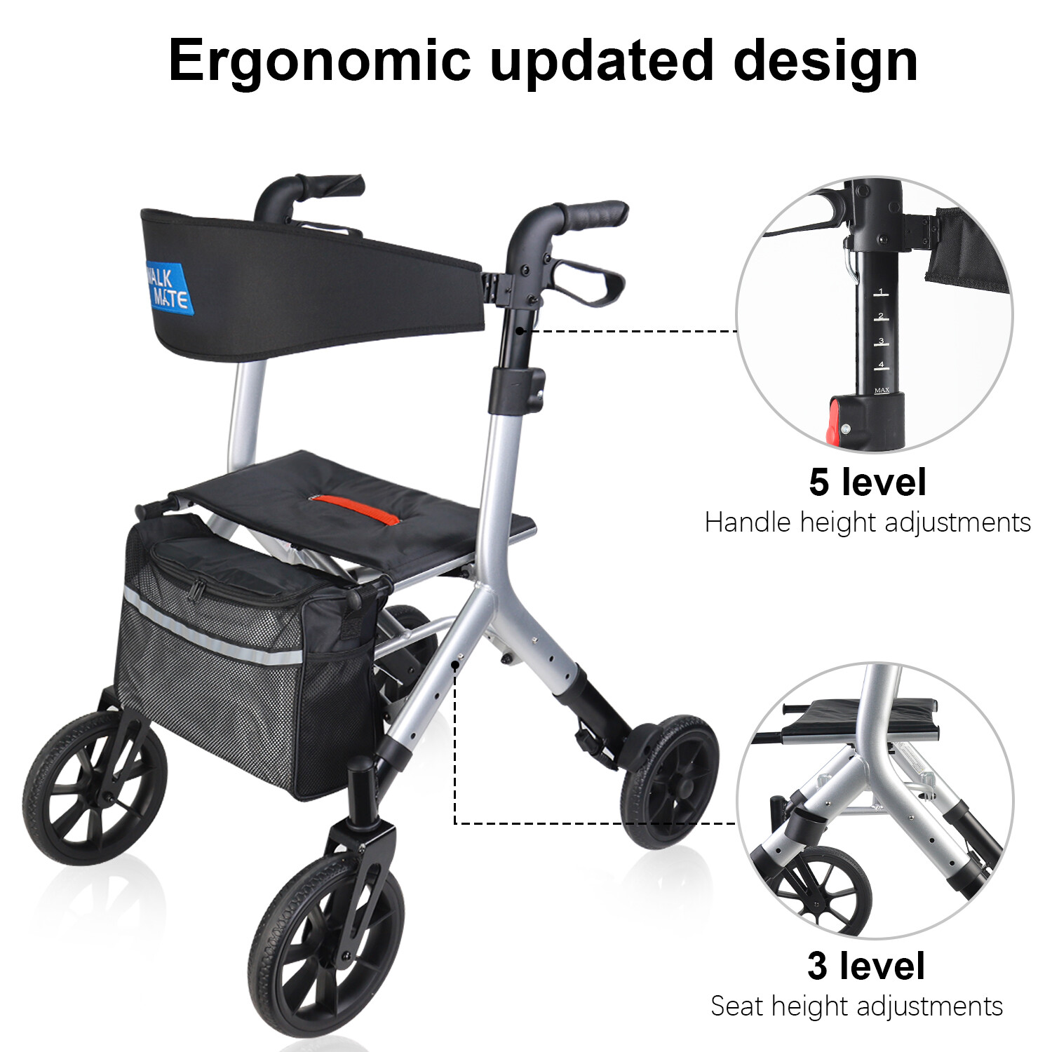 Rollator walker for Seniors Lightweight Foldable 10 inch Wheel 300lbs Silver