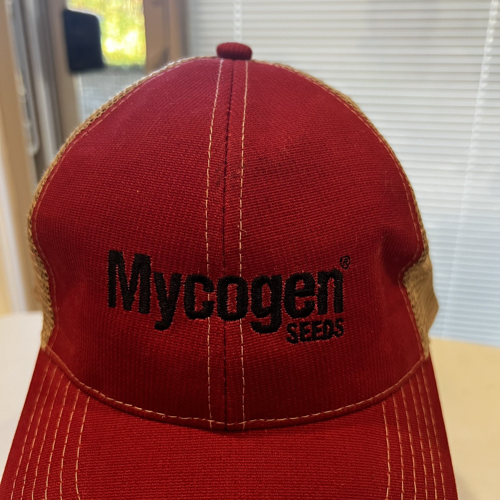 Mycogen Seed in Black on Red Gray Mesh Trucker Hat Cap Hook Loop EUC