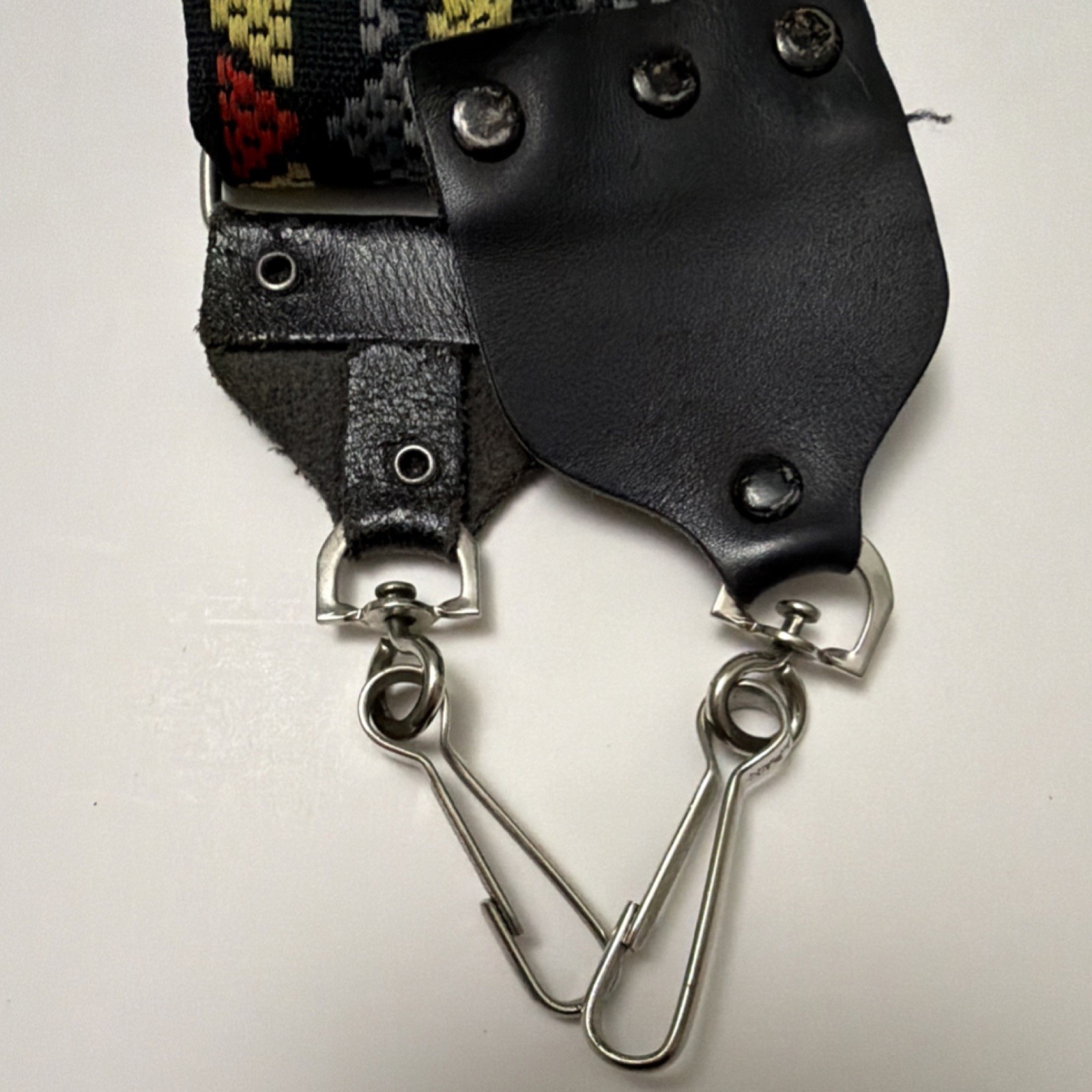 70s Vintage Patterned Camera Strap with Leather Ends, Metal Clips