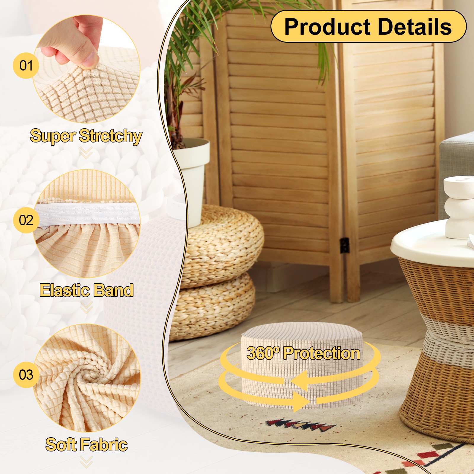 Ottomen Cover Round with Elastic Bottom, (Large Size, Natural Color)