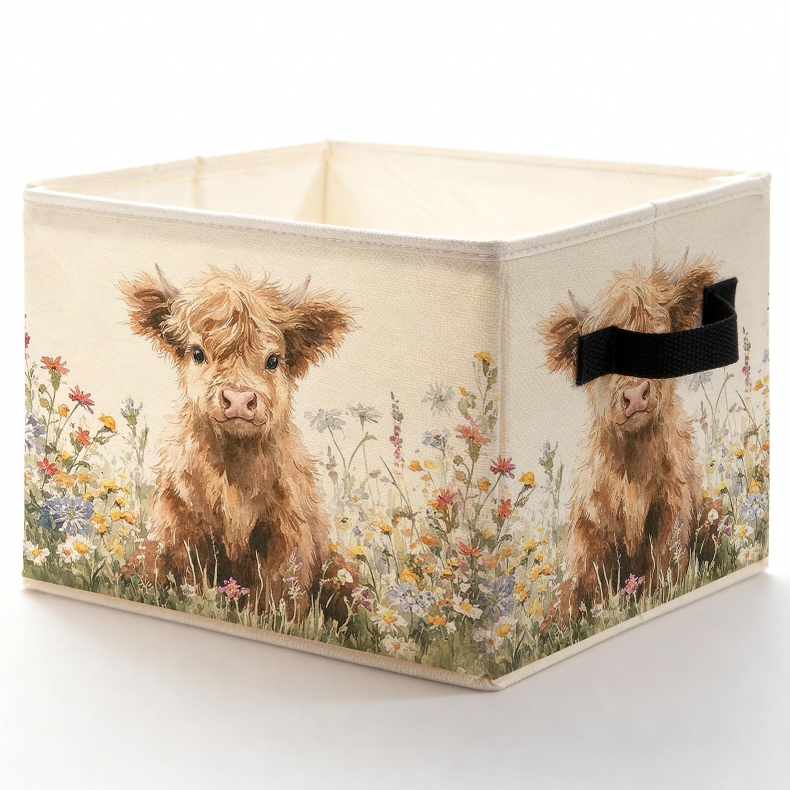 Highland Cow Floral Storage Bins with Handles, Cottagecore Wildflower Highlan...
