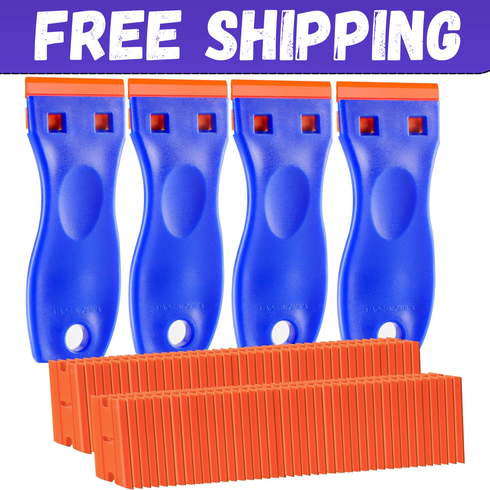 Plastic Razor Blade Scraper 4 Pcs and 120 Pcs Blades, Remove Label Decal Tool.