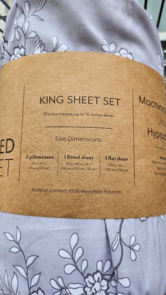 Ultra Soft 4 Piece Floral Patterned Light Gray Microfiber King Sheet Set