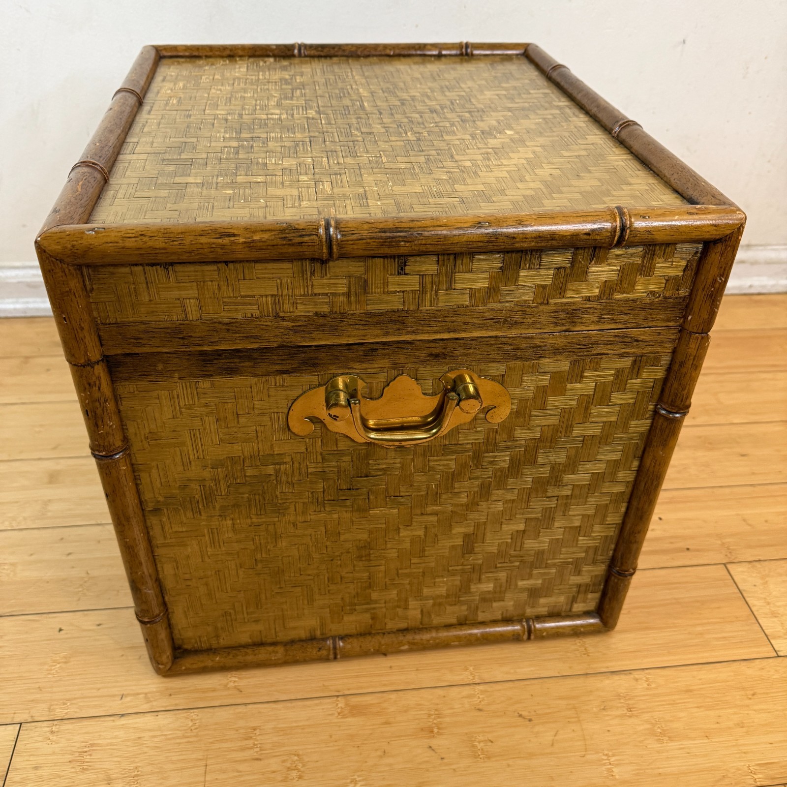 Vintage Bamboo Lidded Chest Trunk Hamper Herringbone Woven Wicker