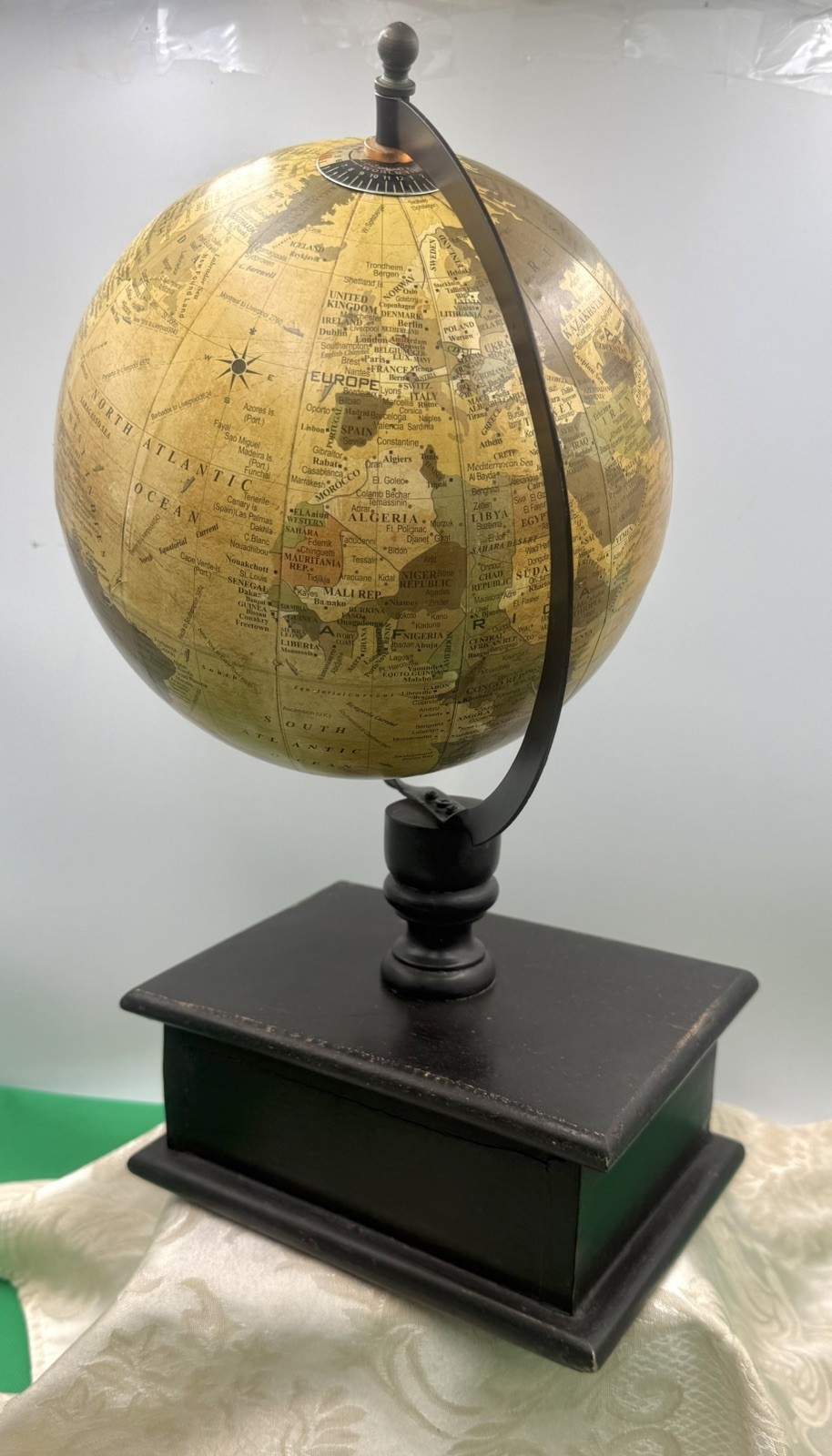 Decorative 16" World Globe with Rustic Wood Open Drawer
