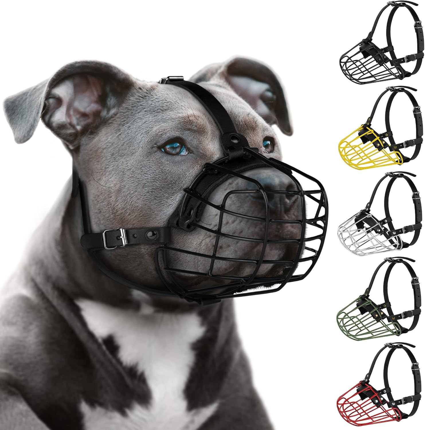 Pitbull Dog Muzzle Metal Mask Amstaff Secure Wire Basket Adjustable Durable Leat