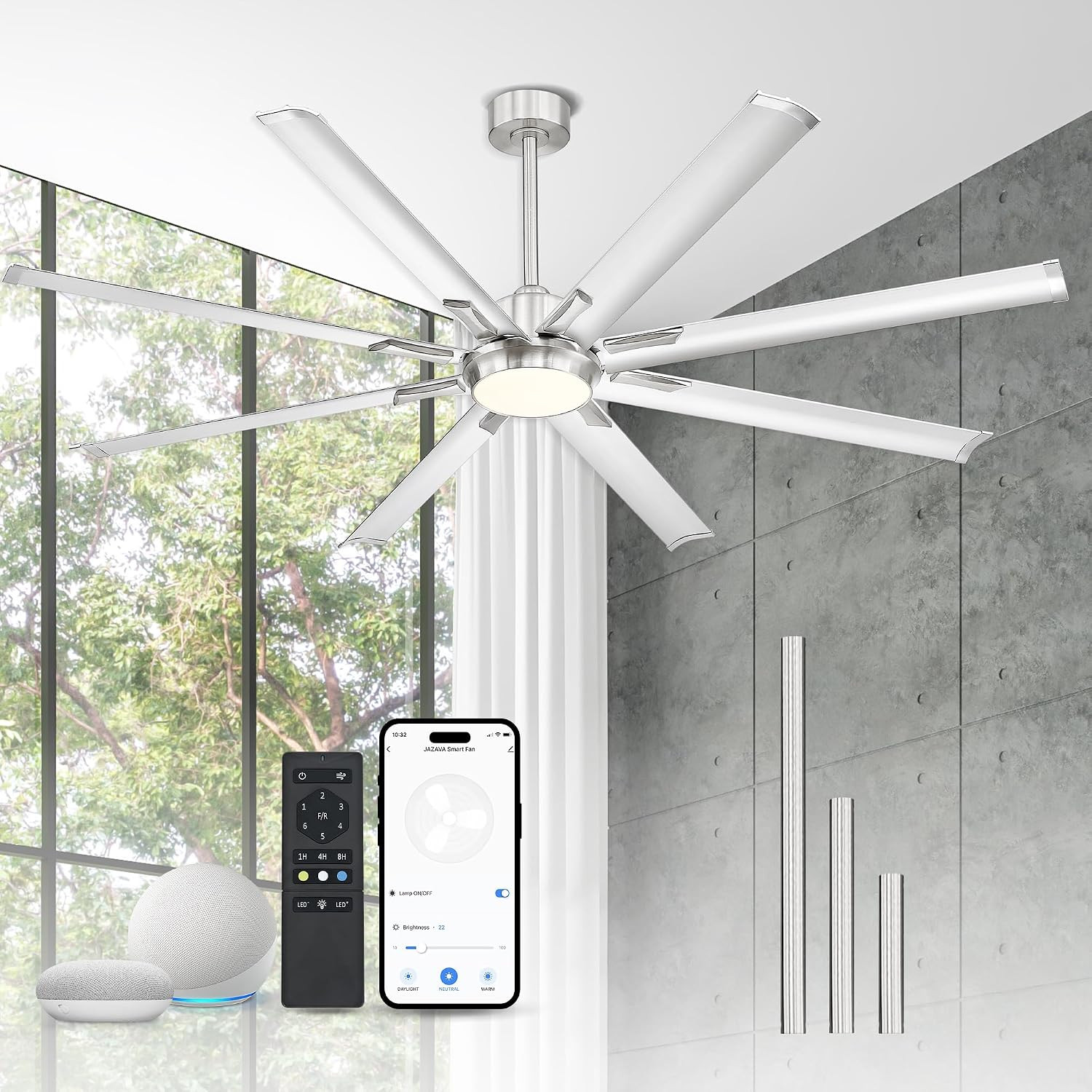 84 Inch Ceiling Fan with Light, Aluminum Blades, Brushed Nickel | 10,718 CFM,82