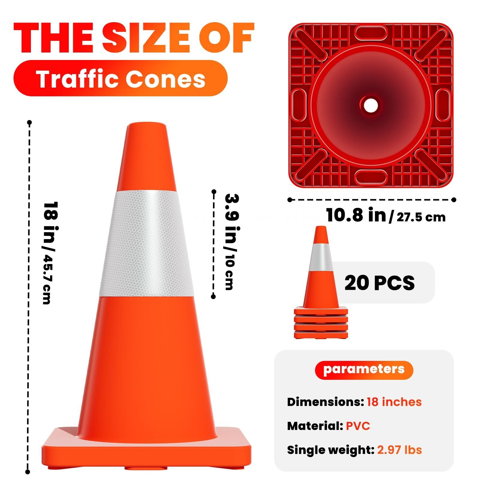 18" 20Pcs Traffic Cones w/ Reflective Collars Hazard Construction Cones