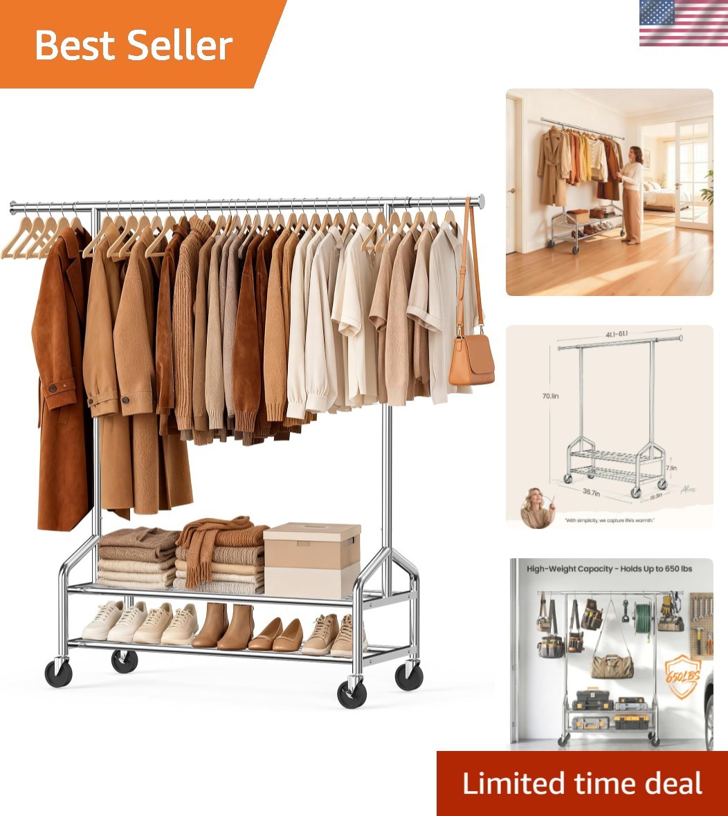 Heavy Duty Clothes Rack, Rolling Clothing Rack for Hanging Clothes Load 650 L...