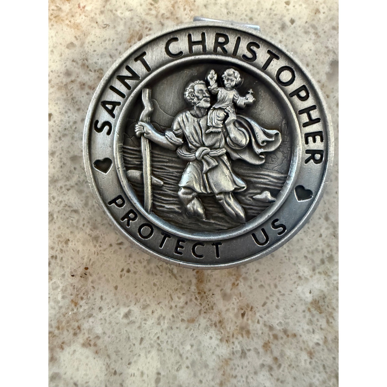 Saint Christopher Visor Clip Silver Pewter Tone Travel Protection Medallion EUC