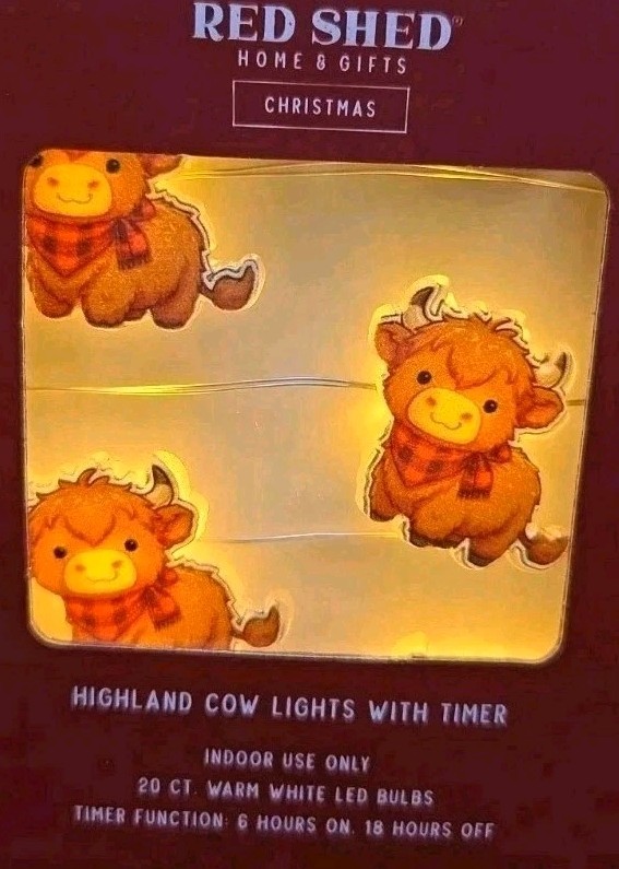 Red Shed Highland Cow LED String Timer Lights 20 Ct Warm White Decor Bulbs NIB