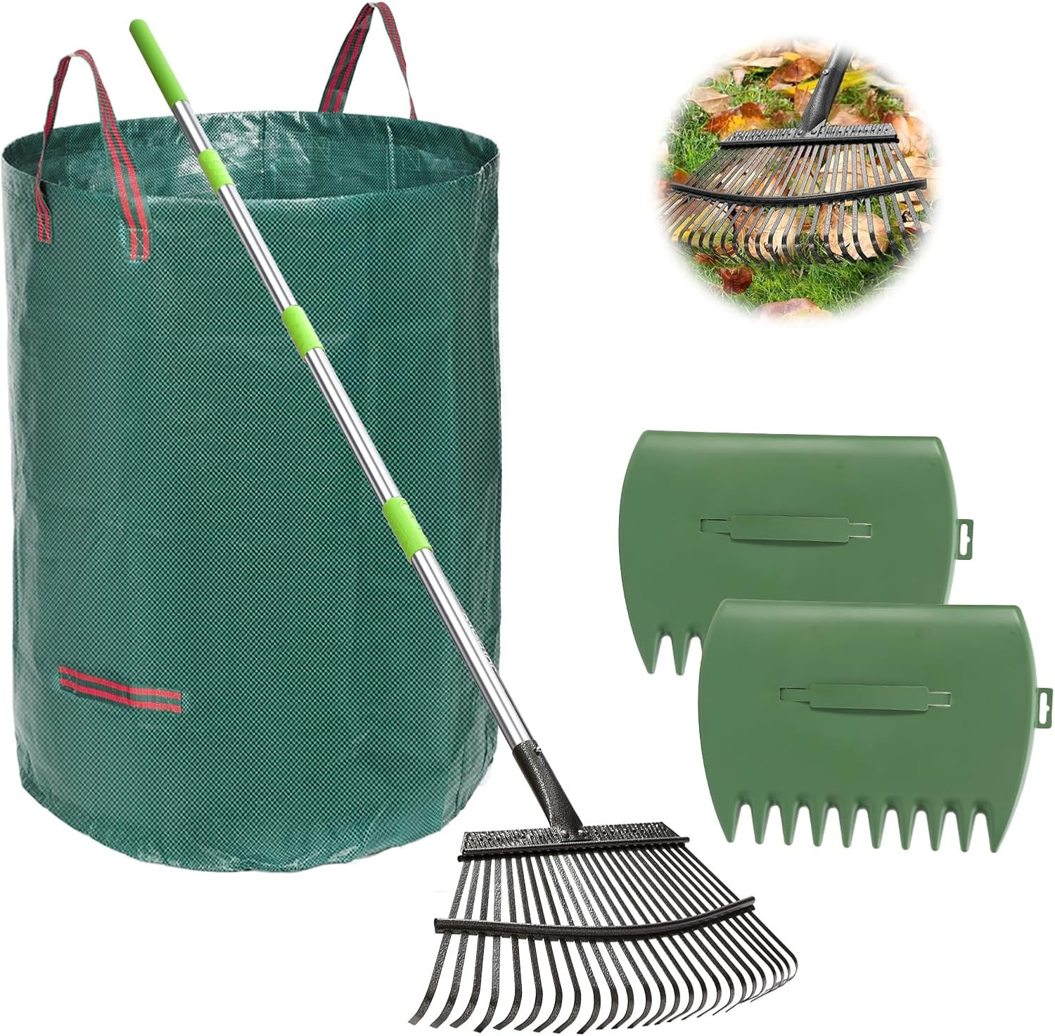 65 Inch Rake for Leaves, 25 Tines Metal Leaf Rake Set with 32 Gallon Leaf Bags S