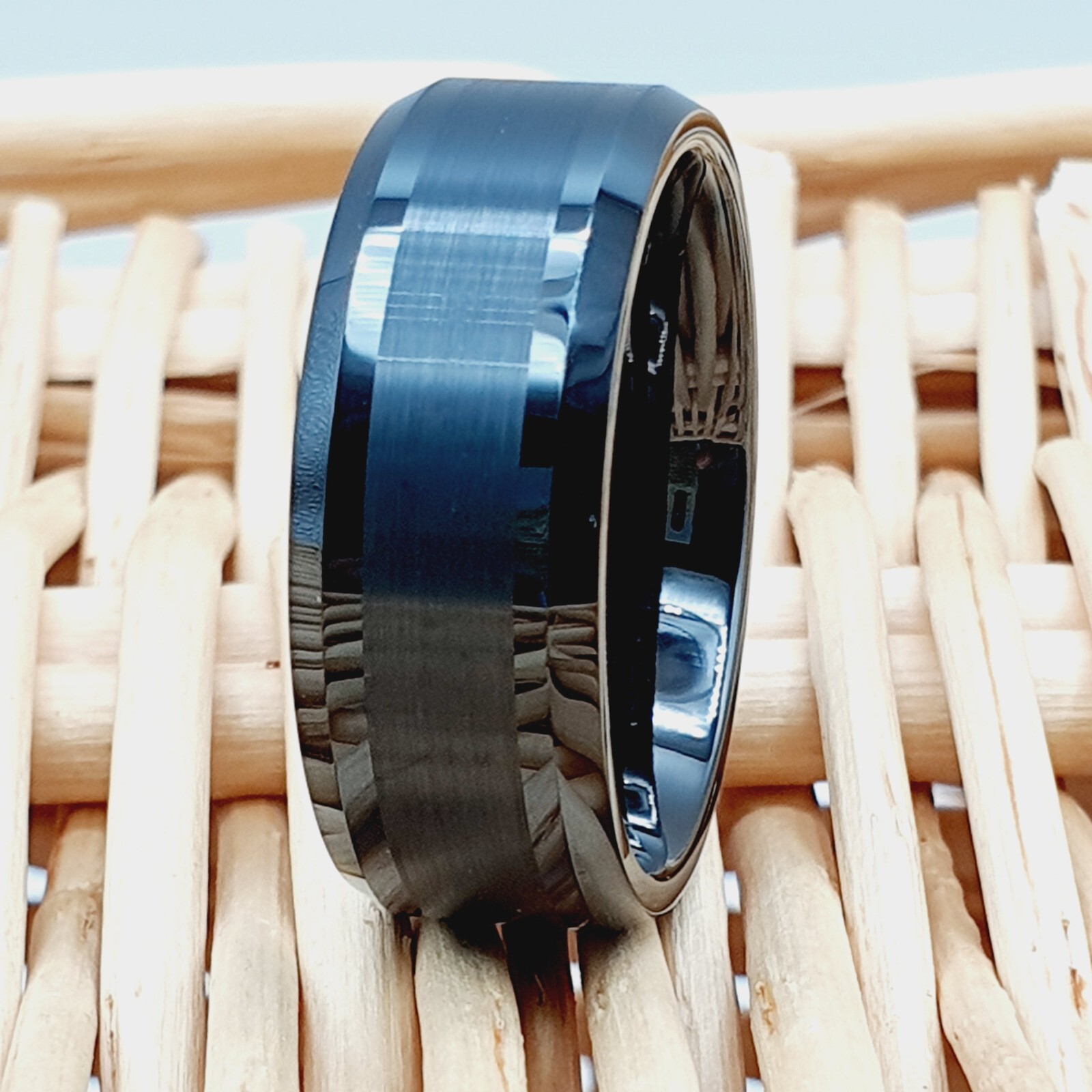 with Shiny Lines, Groom Band Men's Black Wedding Ring Brushed Engagement Ring