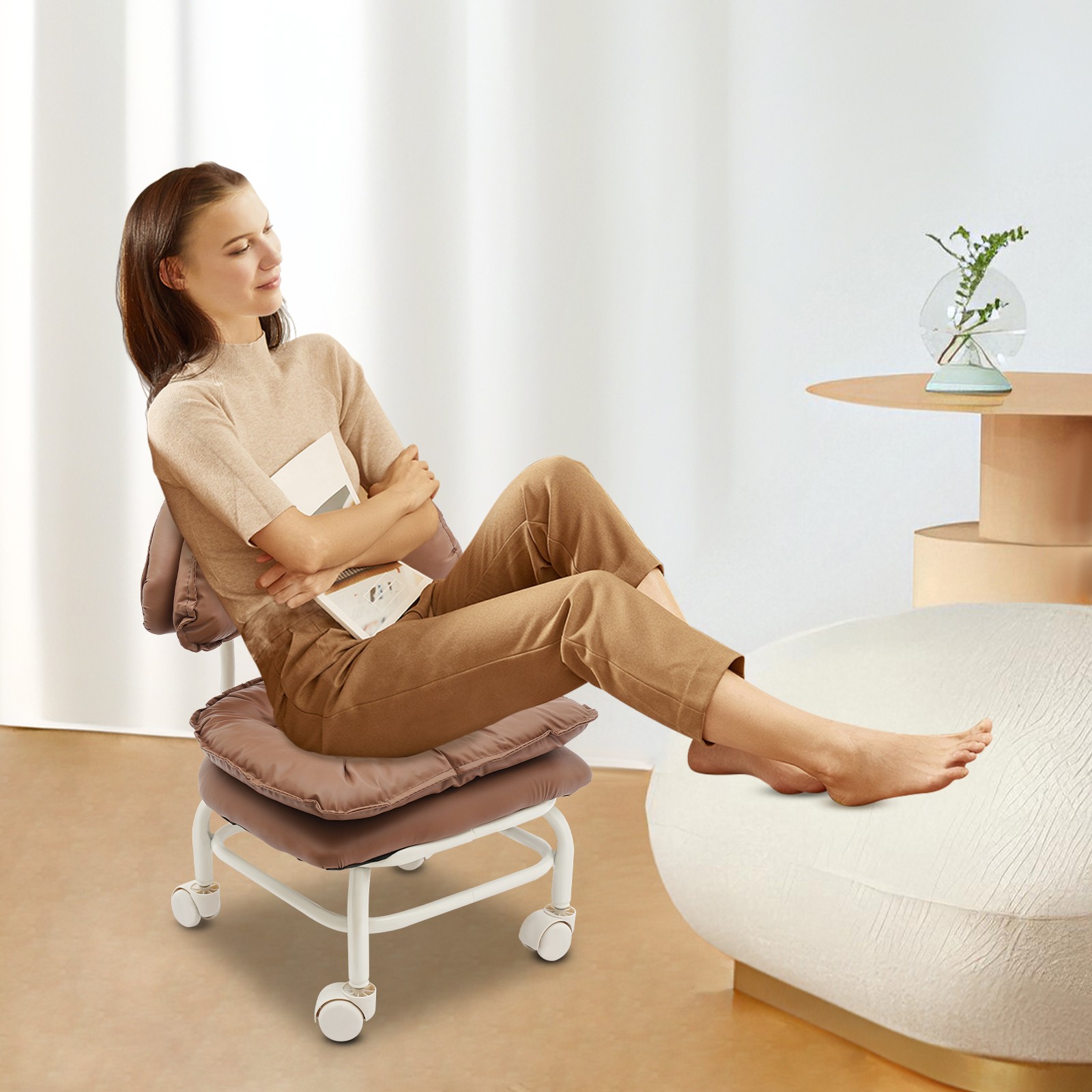 Rolling Stool with Back Rest, Heavy Duty Rolling Stool, Brown Roller Chair