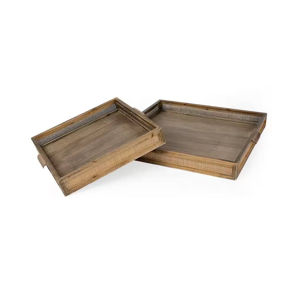 Sonny 23.6 L X 23.6 W X 2.0 H Set of 2-Brown Wood and Wicker Square Trays