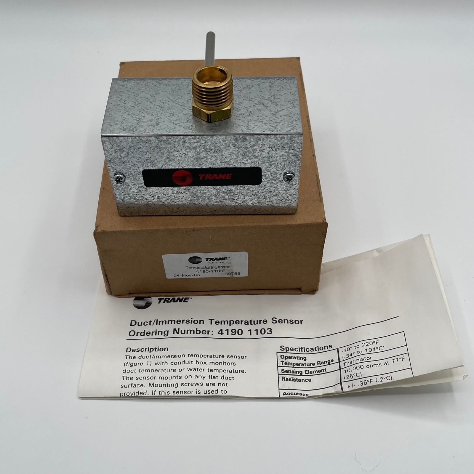 Trane 4190 1103 Duct Immersion Temperature Sensor 10K Ohm Thermistor HVAC NEW