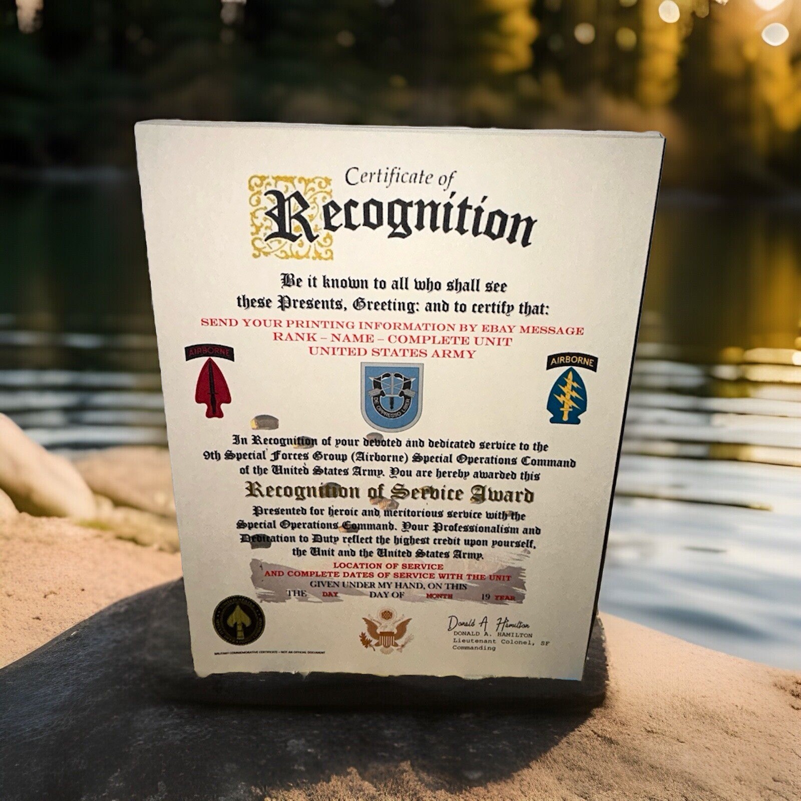 U.S. ARMY - 9TH SPECIAL FORCES GROUP (ABN) RECOGNITION OF SERVICE AWARD