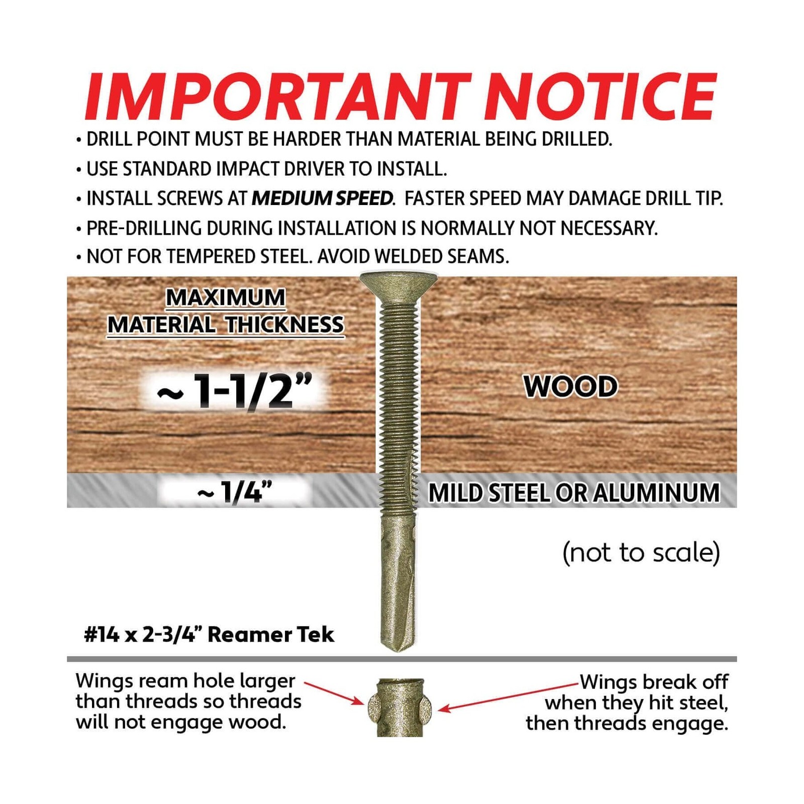 14x2-3/4 Reamer Tek Torx/Star Head Self-Drilling Wood to Metal Screws - for F...