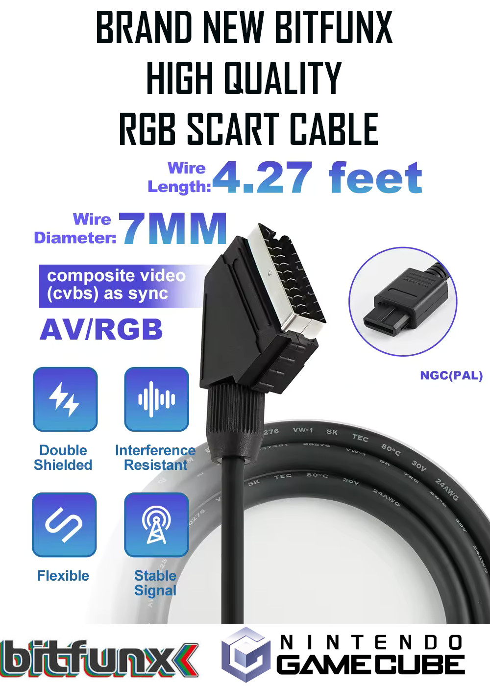 Nintendo GameCube PAL RGB SCART Cable High Quality Shielded Premium Bitfunx