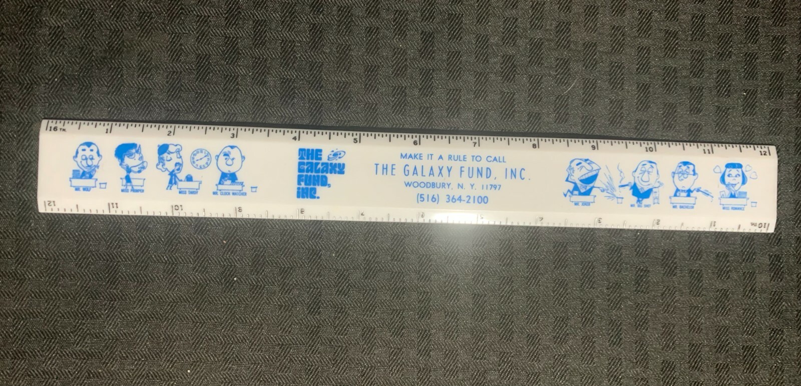 Vintage THE GALAXY FUND INC 12" Ruler w/ Cartoon Characters FN+ 6.5 Woodbury NY