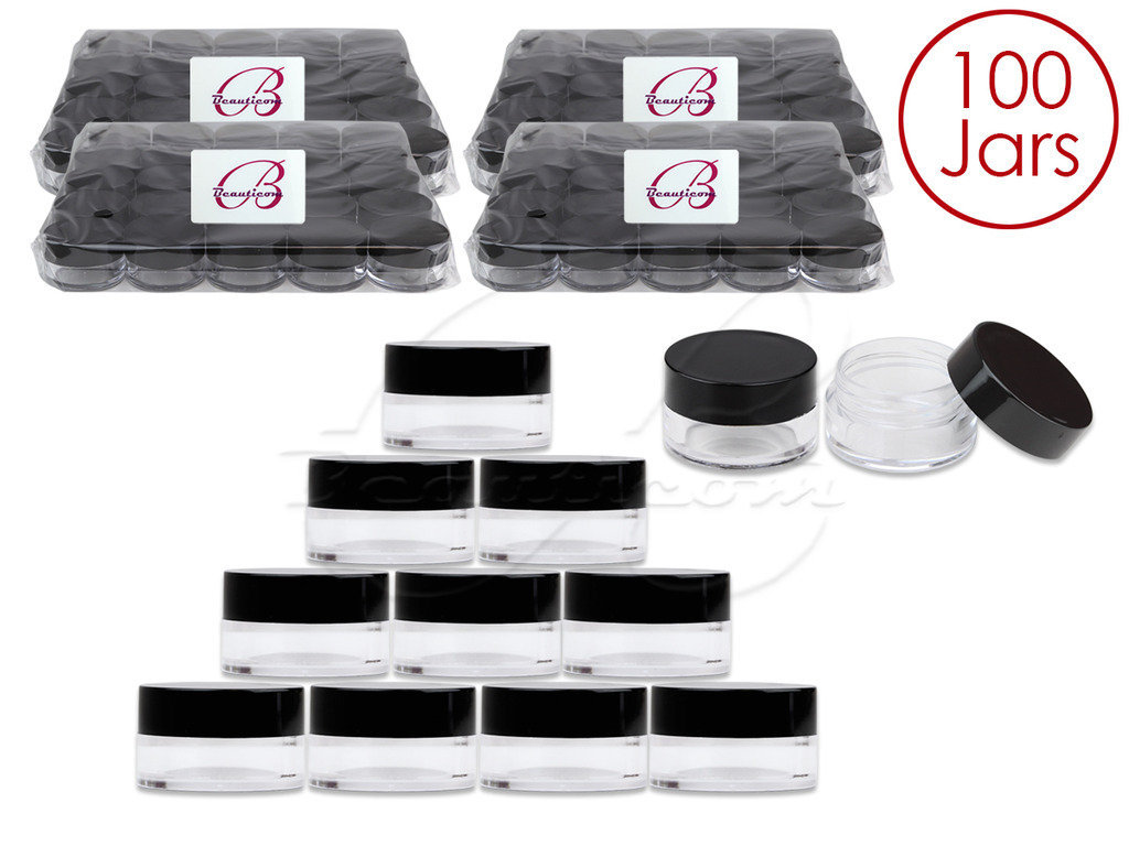 Beauticom® 5G/5ML(100 PCS) HQ Round Clear Plastic Refillable Jars w/Black Lids