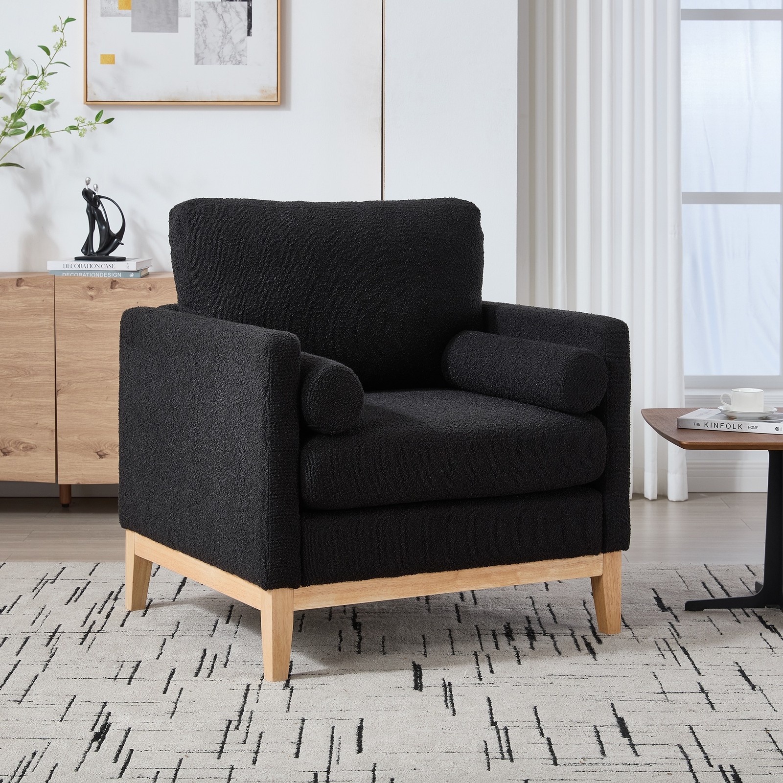 Accent Sofa Chair Boucle Upholstered Armchair with 2 Pillows & Natural Wood Legs