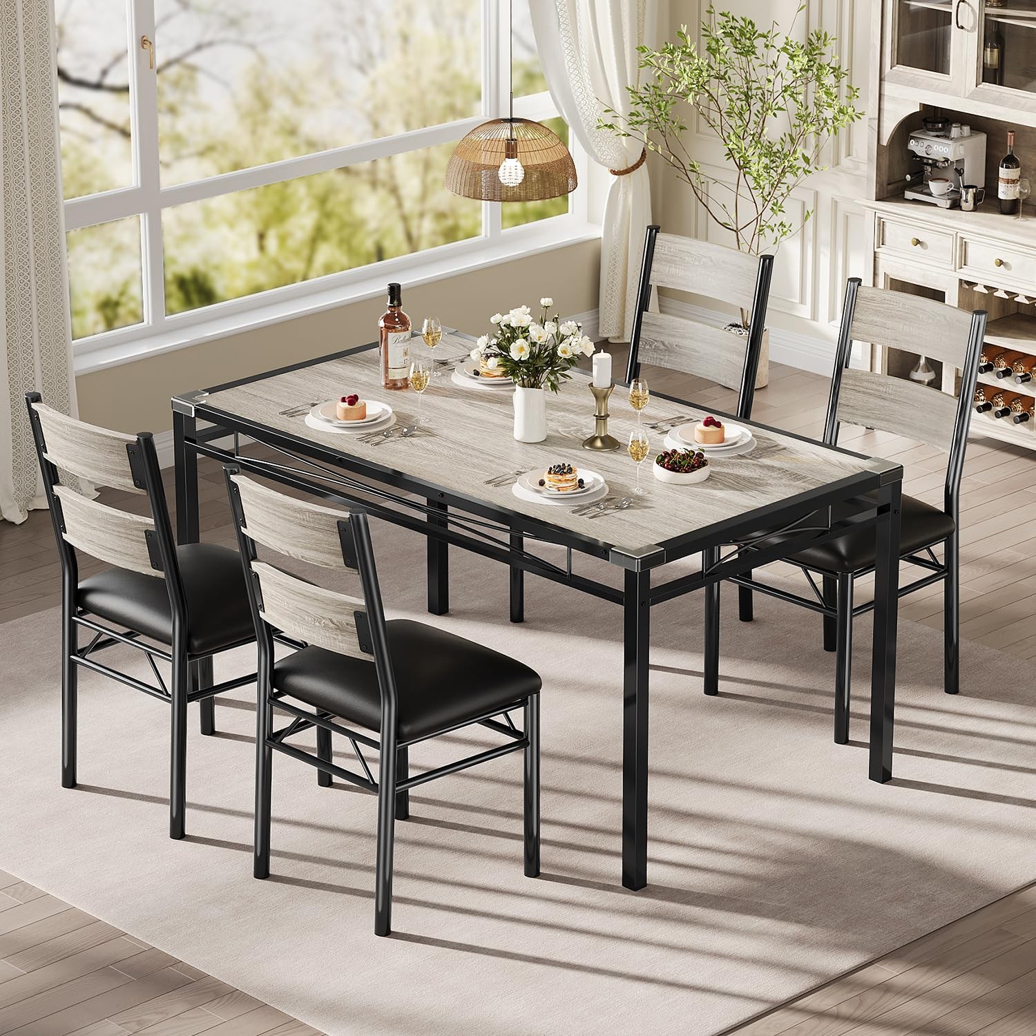 Dining Table Set Wood Kitchen Table Chairs Set for 4 with Upholstered Chairs NEW
