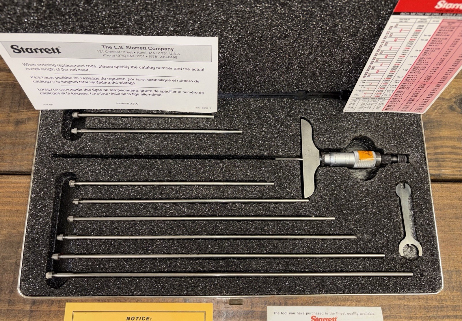 Starrett 445AZ-9RL Depth Micrometer Gage, 0-9" Range, Ratchet Thimble