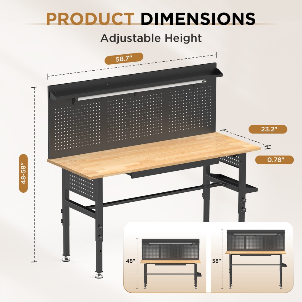 60" Adjustable Workbench w/ Drawers, 2000lb Cap, LED Light, Outlet