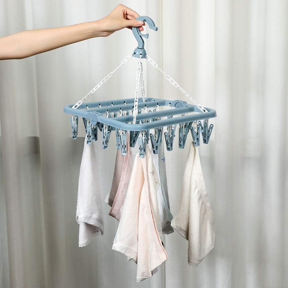 Clothes Drying Hanger with 32 Clips and Drip Foldable Hanging Rack (Light Blue)