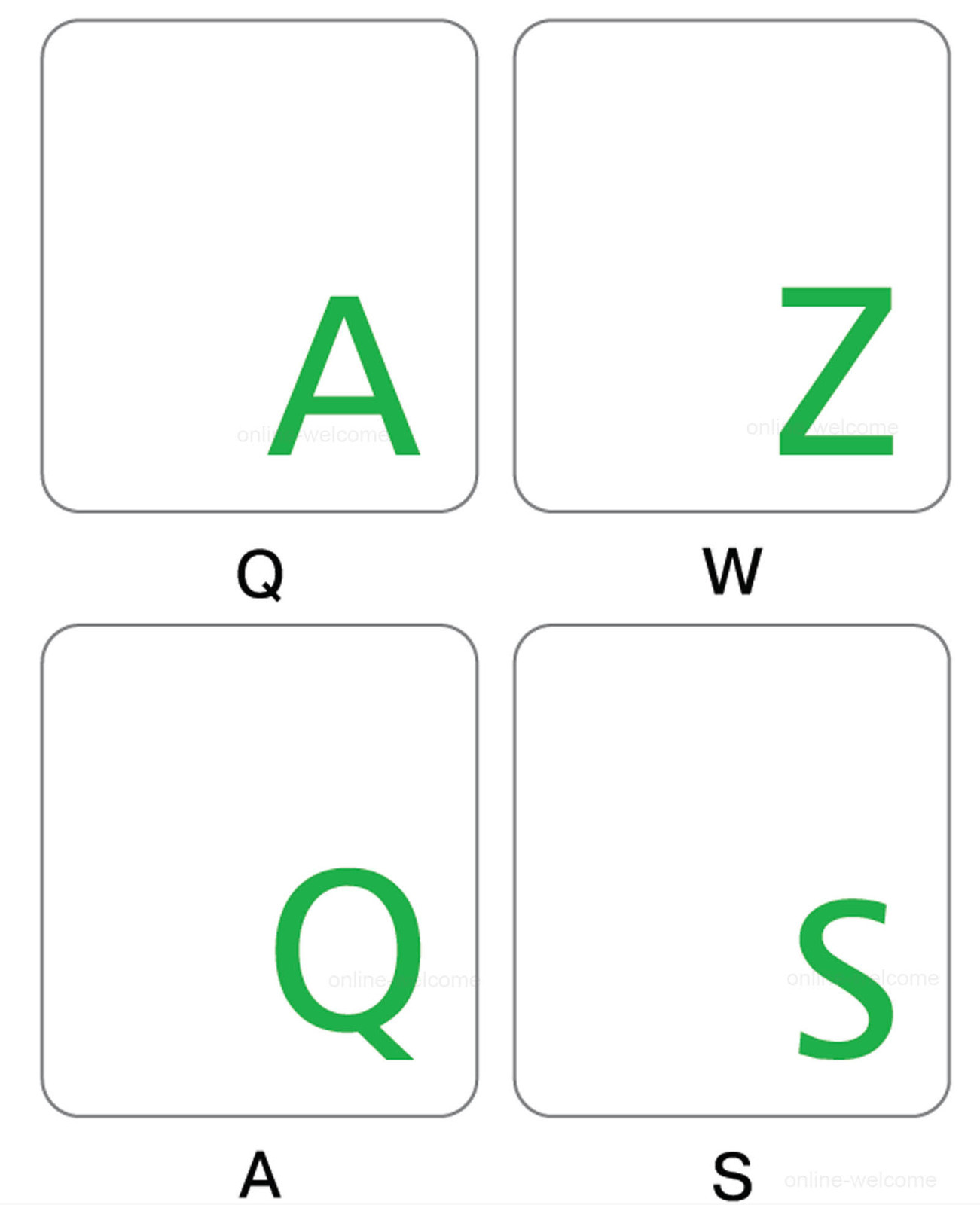 FRENCH AZERTY KEYBOARD STICKER TRANSPARENT  GREEN  LETTERS