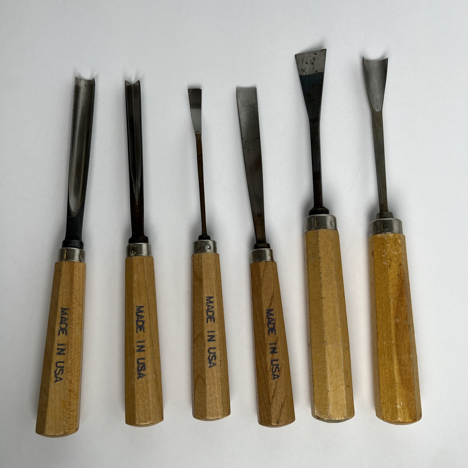 6 Wood Carving Tools Made in USA w/ Octagonal Faceted Handles 9.5”-10.5” long