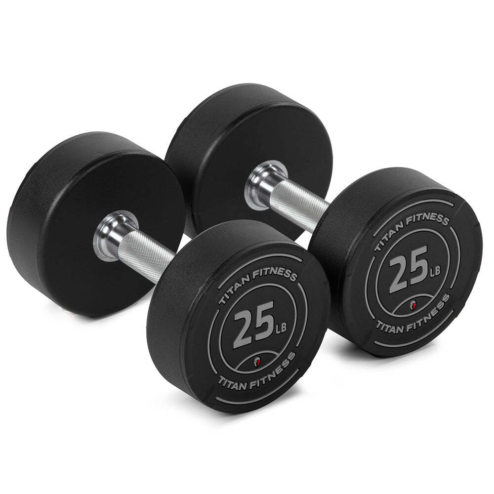 Titan Fitness 25 LB Set Round Urethane Dumbbells, 32mm Medium Volcano Knurling
