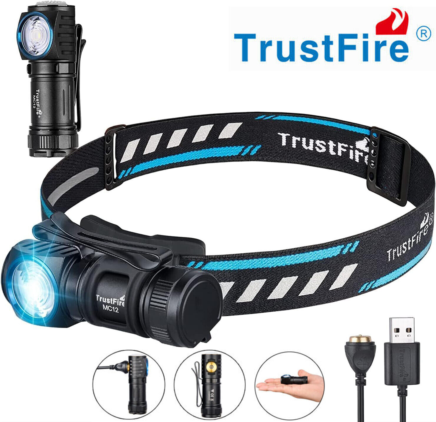 1000LM MC12 LED Headlamp Flashlight Camping LED Lights Rechargeable 5 Modes IPX8