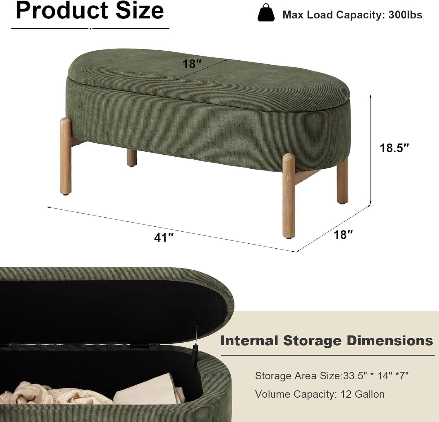 Green Oversized Storage Solution Bench Ottoman Bedroom