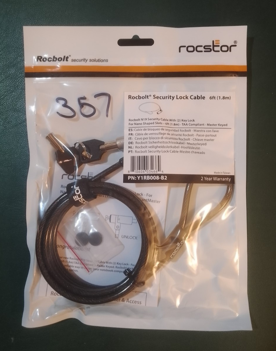 Rocbolt N19 Security Cable with (2) Key Lock - 6 ft - TAA compliant